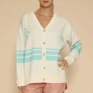 Cream V-Neck Button Cardigan with Aqua Stripe and Palm Motif